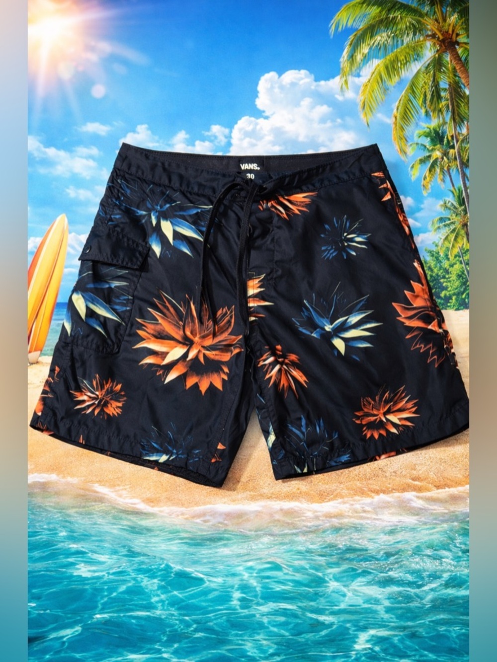 Vans Tropical Board Shorts Mens 30 Black Orange Floral Swim Surf Beach Summer